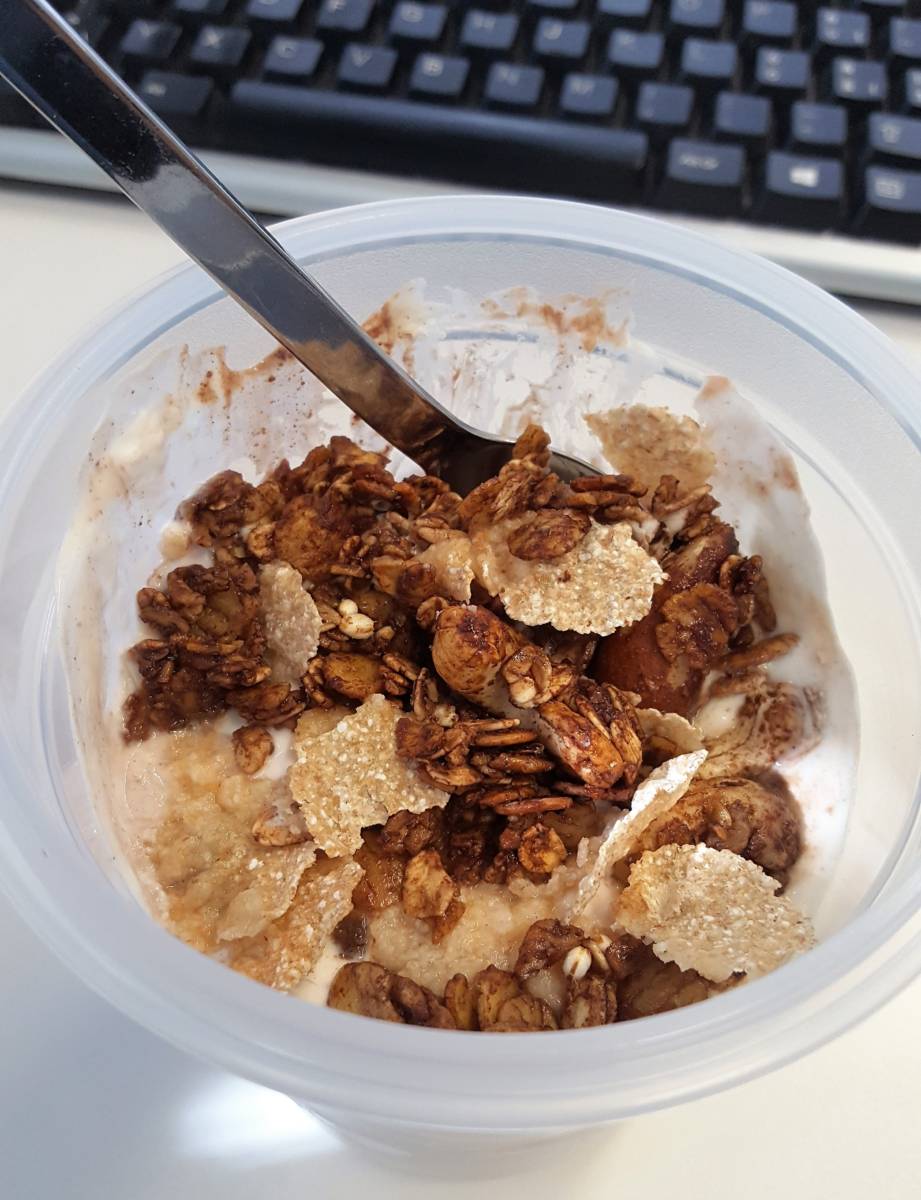 quark and chocolate granola as an office snack
